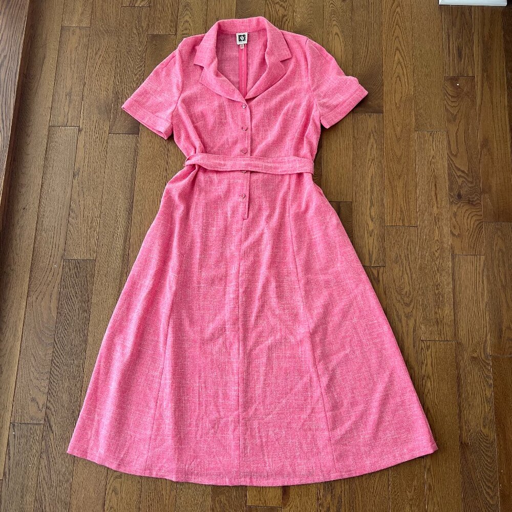 Anne Klein‎ Pink Belted Midi Dress Tailored Button Front Short Sleeve Vintage